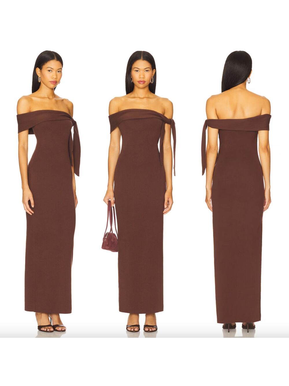 SNDYS | NWT Jaymes Maxi Dress in Chocolate Brown Knit Off Shoulder Sheath S